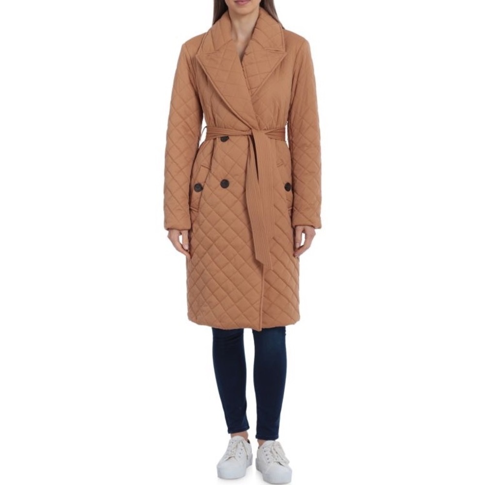 AVEC LES FILLES Double-Breasted Quilted  Coat in Camel, Size XS,‎ NWT